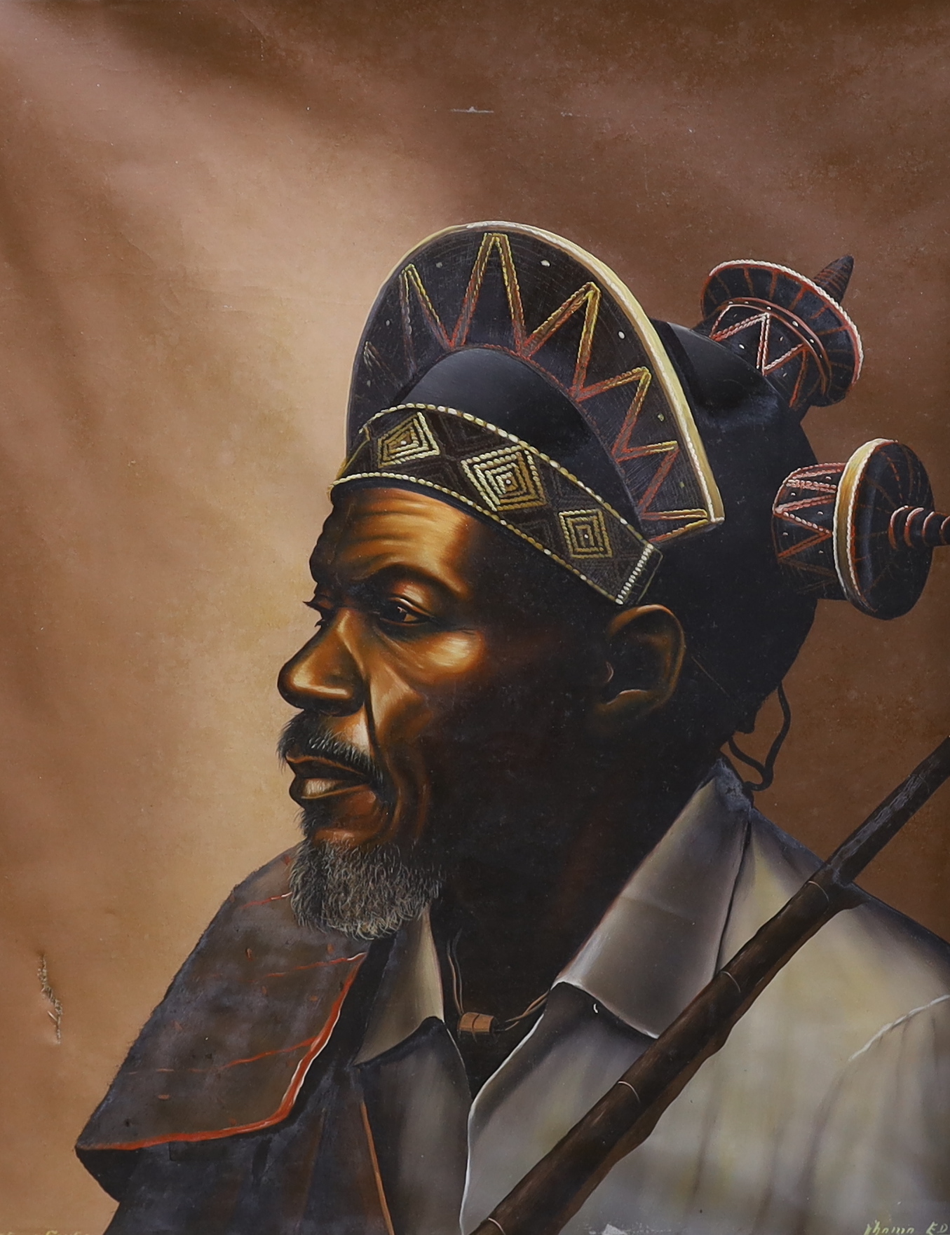 African School, four oils on canvas, including ‘Chief of Congo’ and ‘Bakuria Dance’, unframed, largest 72 x 62cm